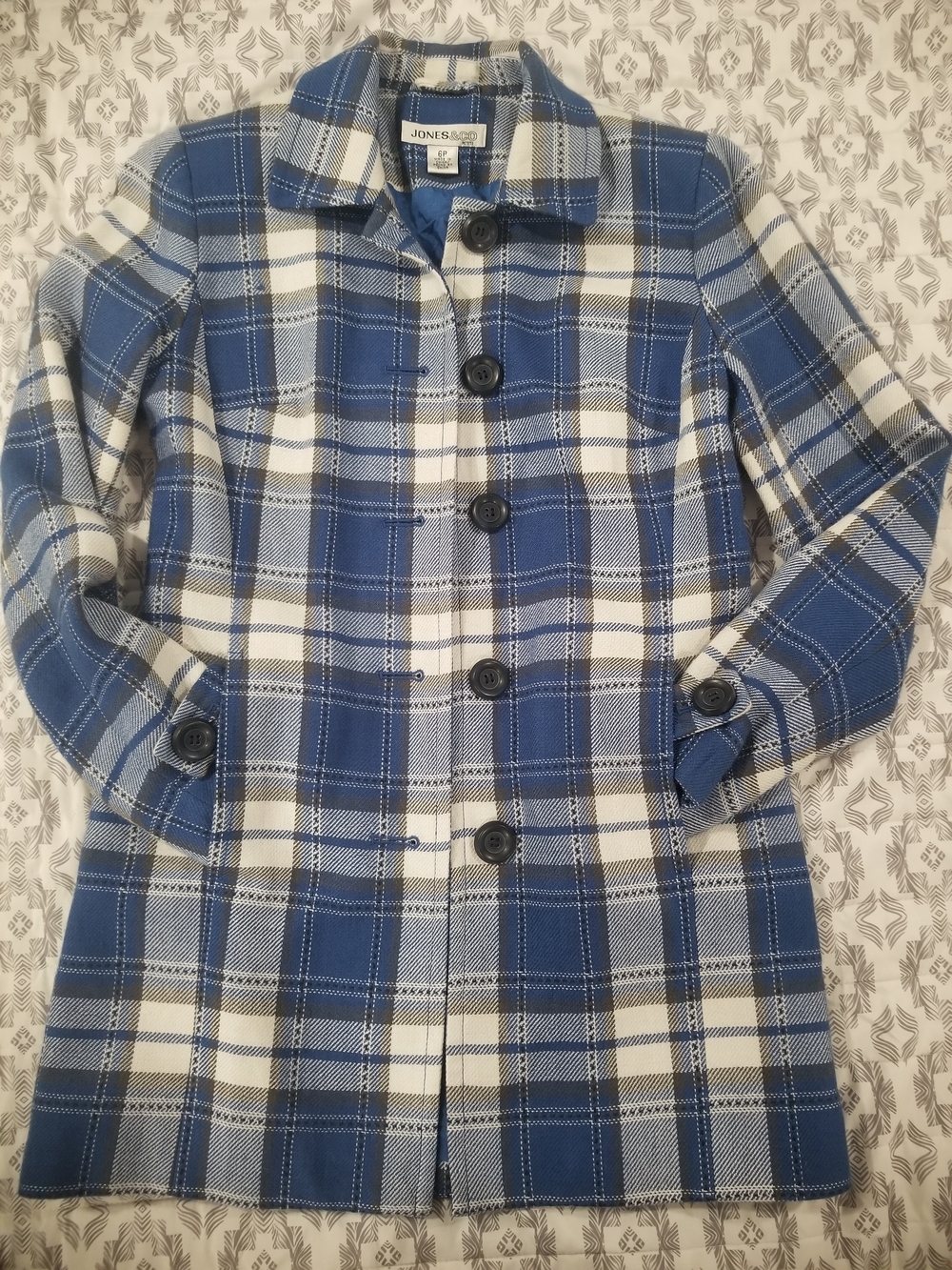 Jones & Co. Blue and White Plaid Pea Coat